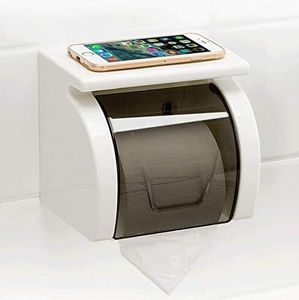Self Adhesive Toilet Paper Holder with Cover| No Drill Wall Mount Tissue Roll Holder | Waterproof Bathroom Organizer | Space Saving Toilet Roll Stand with Phone Shelf Transparent Lid