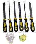 Digital Craft 8"Inch Multi-Function Metal Engineer File Carbon Steel 6Pc Triangular,Square,Round,Half,Round,Flat and Half Round Rasp Files Hand Tool Set with Safety Gloves and Mask