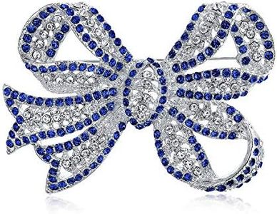 Winter Large Wedding Holiday Royal Blue White Glittering Crystal Pave Bridal Fashion Large Statement Filigree Ribbon Bow Scarf Brooch Pin for Women Silver Plated