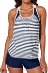 Aleumdr Women's Blouson T-Back Push Up Tankini Top Halter Padded Slimming Swimsuit Sporty Swimwear Blue Stripes Medium