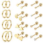 Thunaraz 12Pairs 316L Surgical Steel Cartilage Stud Earring for Women Rook Daith Conch Tragus Helix Earring Hoop Ball Dot Star Moon Heart CZ Barbell Piercing Earrings Set 16G