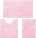 HOMEIDEAS 3 Pieces Bathroom Rugs, Ultra Soft Non Slip Absorbent Chenille Toilet Bath Mat Set (Light Pink)