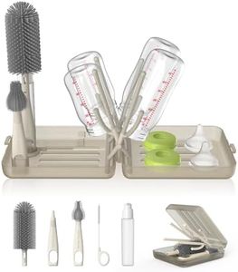 YOTIME Bottle Brush Set with Foldable Rack, Auto-Open Rack & Vertical Brushs Drying Slots, No Mess Drying, 3 Brushes + Dispenser, Travel Baby Essentials for On-The-Go Parents, Light Coffee