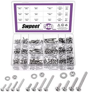 Swpeet 540Pcs #6-32#8-32#10-24 304 SAE Stainless Steel Phillips Pan Head Machine Screws and Nuts Bolts with Flat Washers Assortment Kit, Stainless Steel Screws Hardware Assortment for Home Use