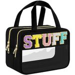 Eurhomewit Clear Wash Bag, Waterproof Toiletry Bag, Shower Bag Large Travel Toiletry Bag for Women, Chenille Letter Plastic Makeup Bag, Clear Cosmetic Bag with Handle and Zipper (Large Size)