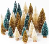 AerWo 24PCS Artificial Mini Christmas Trees, Upgrade Sisal Trees with Wood Base Bottle Brush Trees for Christmas Table Top Decor Winter Crafts Ornaments Green, Gold and Ivory