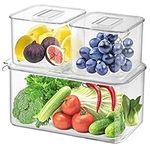 Hossejoy Set of 3 Fridge Organizer Stackable Refrigerator Organizer Bins with Vented Lids, Food Storage Containers with Removable Drain Tray，Kitchen Refrigerator Freezer Organizer Keeper