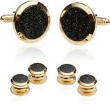 Cuff-Daddy Mens Black and Gold Cufflinks and Studs - Sparkly Gold and Black Diamond Dust Cufflinks and Studs Cuff Links with Jewelry Presentation Box - 7/8" cufflinks, 3/8" studs Mens Shirt, 7/8"