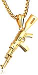 Wonlines Hip Hop Stainless Steel AK-47 Gun Tag Pendant Chain Necklace(Gold)