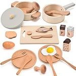 Wooden Kitchen Toys for Kids 21PCS Wooden Cookware Pots and Pans Set Cooking Toy with Play Dishes Play Food Wooden Kitchen Accessories Pretend Play Toy Educational Gift for Boys Girls 3 4 5 6 Years