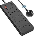 8 Way Extension Lead 3M, Multiple Plug Power Strip with 3 USB Charging Slots, Black Mains Socket Extension, Wall Mountable, Switched, 3 Metre Long Power Cord for Desktop PC TV Home Office, 2500W/10A