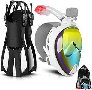 Odoland Snorkeling Packages, Diving Full Face Mask with Camera Mount, Adjustable Swim Fins, Mesh Bag, Anti-Fog Snorkel Set, UV 400 Protection, Dive Mask Fins Set for Men Women Adult,White Golden L