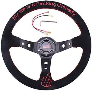 RASTP Universal Racing Steering Wheel 13.6”/345mm 6 Bolts Grip Suede Wrapped with Horn Button for Car Boat Truck Yacht