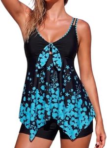 Firpearl Tankini Swimsuits for Women Two Piece Bathing Suits with Shorts Modest Tank Top Swim Dress XL/US14 Black&Cyan Floral