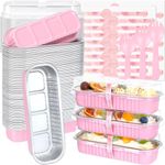 KAHEIGN 50Pcs Mini Loaf Pans with Lids and Spoons, 200ml Rectangular Aluminum Foil Baking Pans Mini Cake Tins Containers with Sealing Sticker for Bread Cake Wedding Birthday Picnic Party (Pink Silver)