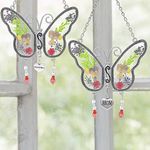 Banberry Designs Mom Butterfly Suncatcher - Grandma Butterfly Suncatcher - Set of 2 - Pressed Flower Sun Catcher Each One Has an engraved Silver Heart Charm - Mother's Day Gifts