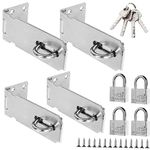 YOUNTHYE 4Set Door Hasp and Staple with Padlock 4 Inch Padlock Hasp Heavy Duty Shed Hasp Lock Stainless Steel Door Latch Lock for Bedroom Door Patio Door Garden Gate