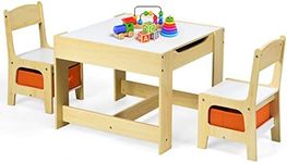 Maxmass 3PCS Kids Table and Chair Set, Wooden Children Activity Desk Chairs with Removable Double Side Tabletop and Storage Drawers, Toddler Play Table Furniture for Eating Drawing Reading (Nature)