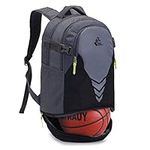 35L Basketball Soccer Backpack with Bottom Ball Compartment, Large Sports Equipment Gym Bag for Boys Girls Athletes (Black Gray)