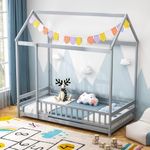 Giantex Twin Floor Bed with Fence, Wood Montessori Bed with Safety Guardrails and 80.5" High Roof Design, Without Slats, House Bed Frame, Low Floor Bed Twin for Kids, Girls, Boys (Grey)