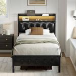 HAUSOURCE Twin Bed Frame with Storage Headboard & Footboard Upholstered Platform Bed with LED Lights USB Ports & Outlets Non-Slip Without Noise Strong Metal Slats Support No Box Spring Needed