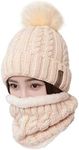 Womens Pom Beanie Hat Scarf Set Girls Winter Ski Hat Slouchy Knit Cap with Fleece Lined (Beige)