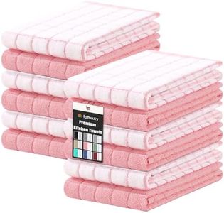 Homaxy Premium Cotton Kitchen Towels 16"x 28", Large Natural Ring Spun 390 GSM Dish Towels, Super Absorbent Terry Kitchen Hand Towels, Soft Tea Towels with Hanging Loop, Pink Check Design, 12 Pack
