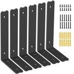 Holmorisent Heavy Duty Shelf Brackets L Shelf Bracket 10 inch, L Bracket Holds 200lbs Made of Super-Hard Special Steel, Black Shelf Brackets with Hardware 6 Pack (10" x 6")