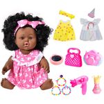 12 inch Black Baby Doll - 3 Sets Dress Lifelike Black Baby Doll Clothes Accessories - African American Baby Black Dolls for Girls - Including Headband, Camera, Beads, Bag, Comb for Birthday