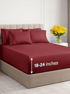 CGK Unlimited Extra DEEP Pocket Sheets - Super DEEP Pocket Bed Sheet Set - DEEP Fitted Flat Sheet - King Burgundy - King Sheet