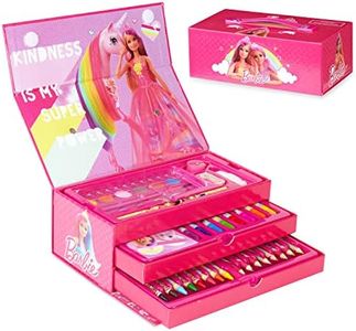 Barbie Valigetta Colori per Bambini Kit Disegno e Pittura da 44 pezzi con Pennarelli Acquerelli Colori a Cera e Matite Colorate