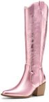 DREAM PAIRS Womens Cowboy Boots Comfortable Pull On Zipper Chunky Heel Pointed Toe Embroidered Western Cowgirl Knee High Boots Girls Ladies Retro Tall Boot,Size 6.5,Metallic Pink,SDKB224W