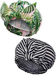 2 Pieces Shower Caps for Women, Waterproof Reusable Shower Hair Caps Elastic Hem Turban Shower Bath Caps for Long, Short and Curly Hair for Women Girls (Palm Leaf and Stripe)