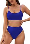 Pink Queen Women's High Cut High Waisted Cheeky Two Piece Bathing Suit Sapphire Blue M