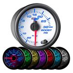 GlowShift White 7 Color 30 PSI Turbo Boost / Vacuum Gauge Kit - Includes Mechanical Hose & T-Fitting - White Dial - Clear Lens - for Car & Truck - 2-1/16" 52mm