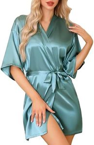Lovasy Kimono Mujer Sexy Corto Bata Saten Mujer Japones Batas De Casa Mujer con Cinturón,Verde Claro,S