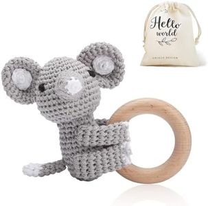 WOODEN TEETHER Crochet Baby Rattle, Crochet Baby Toys, Organic Wooden Newborn Toys, Newborn Animal Rattle Toys，Knitted Stuffed Animals Gifts for Baby, Gray Elephant