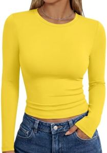 Trendy Queen Womens Long Sleeve T Shirts Fall Fashion 2025 Basic Crop Tops Going Out Workout Outfits Y2k Clothes Bright Yellow XL
