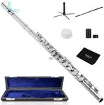 Fesley Silver Plated Closed Hole C Flute, Musical Instruments Flute for Student Beginner Band, 16 Keys Flutes with Flute Case, Cleaning Cloth, Stand, Joint Grease, Cleaning Rod