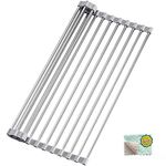 Augcrki Roll Up Dish Drying Rack, Foldable Sink Rack Kitchen Dish Rack Over The Sink,SUS304 Stainless Steel Dish Drainer Heat Resistant Multipurpose Dish Rack for Kitchen Counter,Grey(17.7"x11.8")