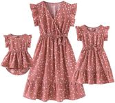 Focamia Pink V Neck Ruffle Short-Sleeve Splicing Butterfly and Floral Print Dress for Mommy and Me, Pink Dots, 6 Months