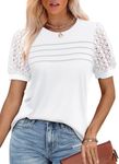 WIHOLL Womens Summer Tops 2025 Trendy Flowy Lace Puff Sleeve Tops for Women Short Sleeve Plain White Blouse S