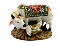 J JIYANSH CREATION Creation Dust Polyresin Decorative Marble Kamdhenu Cow and Calf Big Handcrafted Statue, 6-inch, Multicolour.