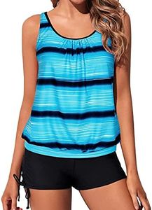 Yonique Blouson Tankini Swimsuits for Women 2 Piece Bathing Suits Tops with Boyshorts Modest Loose Fit Swimwear, Gradient Blue, Large