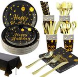 201 Pieces Gold Electroplating Disposable Party Dinnerware Set &Golden Dot Birthday Black Paper Plates Napkins Cups, Gold Plastic Forks Knives Spoons (25 Guests)