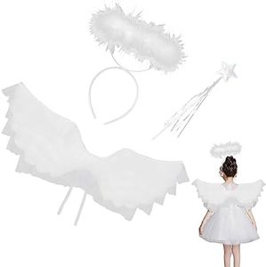 TSHAOUN Enfant Déguisement Ange, Ensemble de 3 Pièces Ailes d'ange Ailes en Maille avec Halo d'ange et Baguette Magique, Fille Ange Cosplay Costume d'ange pour Fête, Carnaval, Halloween (Blanc)