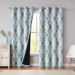 Beauoop Teal Grey Geomertic Blackout Curtains for Bedroom Living Room 72 Inch Drop Lattice Moroccan Print Eyelet Curtain Thermal Insulated Drapes Energy Saving Window Treatment Set 2 Panels