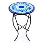 VONLUCE Mosaic Side Table and Plant Stand, 53.5cm Round Side Table with 36cm Ceramic Tile Top, Indoor and Outdoor Accent Table, Outdoor Patio Bistro Coffee Table for Home & Garden (Blue Mandala)