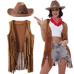 PARTTELY Western Cowgirl Outfits for Women, 70s Hippie Costume Cowgirl Tassels Fringe Vest, Cowboy Hat for Women, Bandana, Brown, Medium