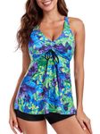 FLYILY Womens Print Strappy Tankini Sets Tummy Control Bathing Suits Cross Back Tankini Top(PurpleFlower,XL)